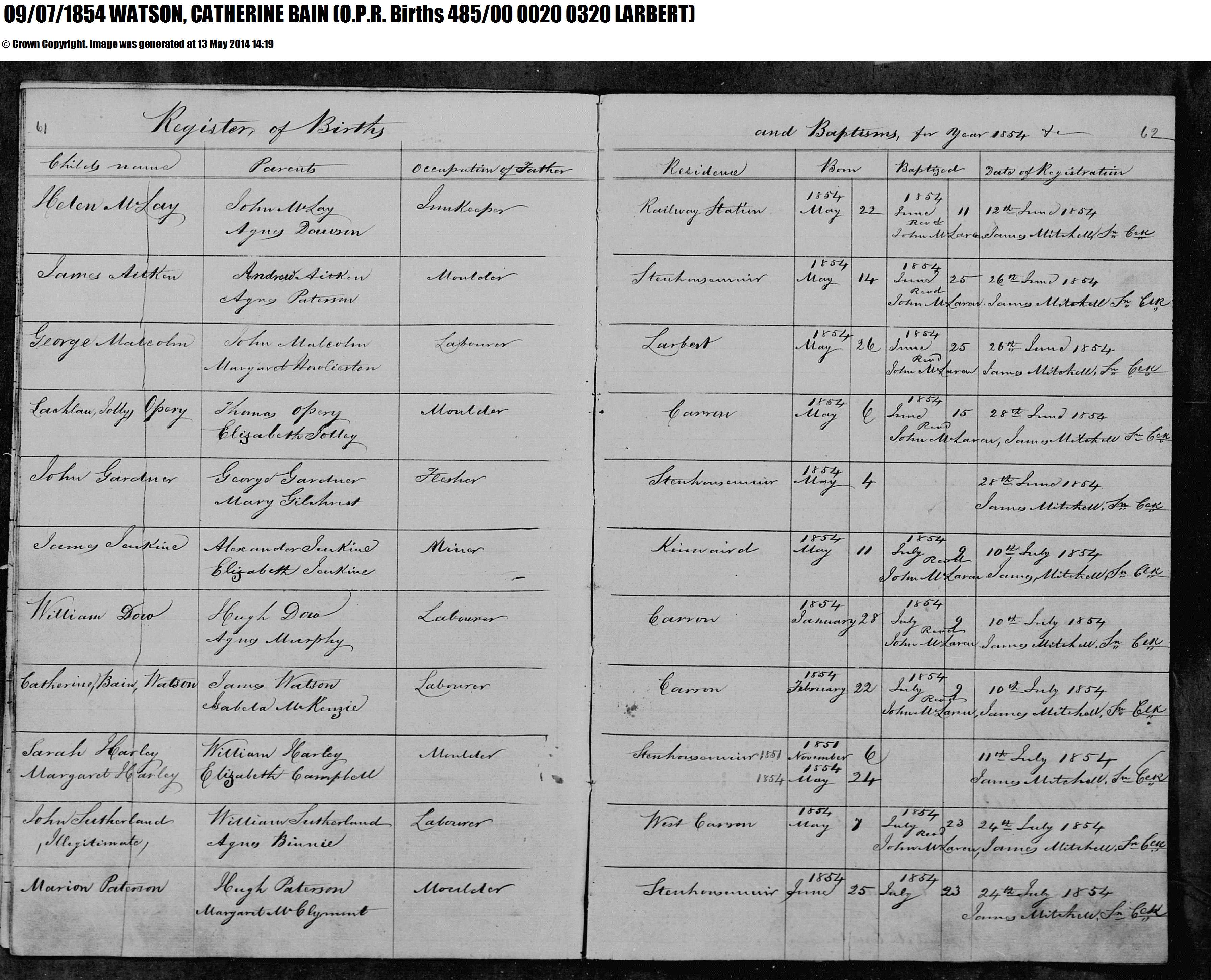Baptism Register Entry 1854 Catherine Bain WATSON, July 9, 1854, Linked To: <a href='i932.html' >Catherine Bain Watson</a>